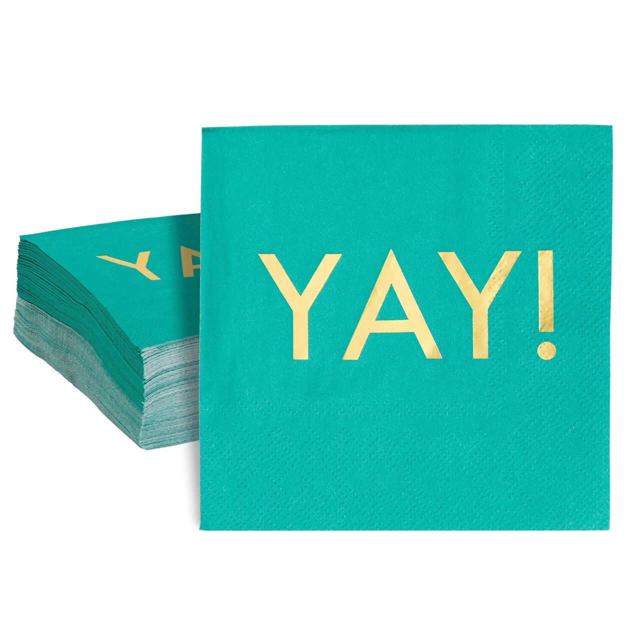 50 Pack Teal Paper Napkins with Gold Foil YAY for Party Supplies (3-Ply, 5 x 5 In)